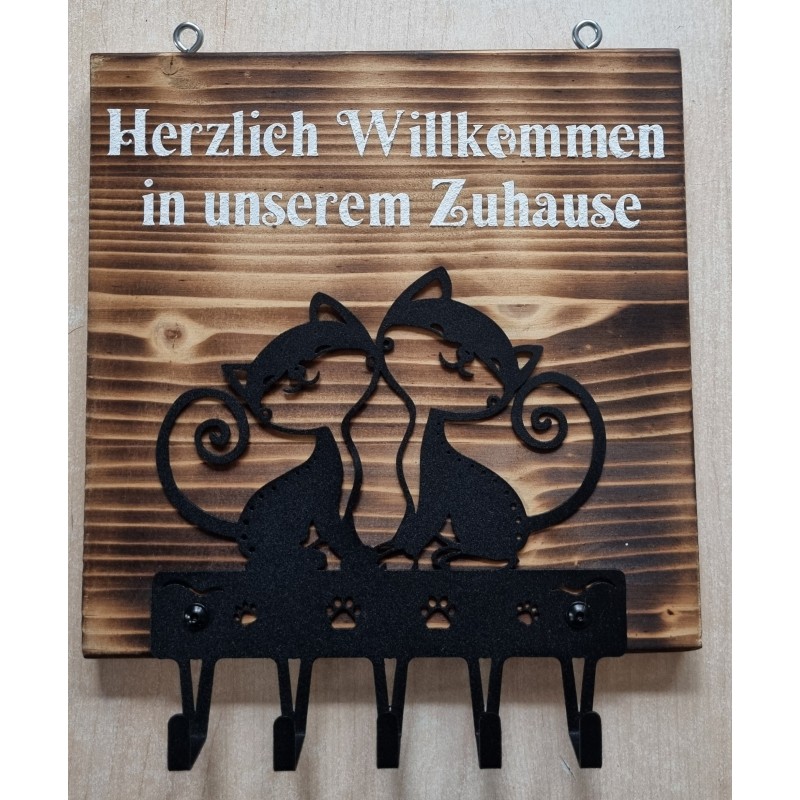 Schlüsselgarderobe Katzen/Herzlich Willkommen geflammt
