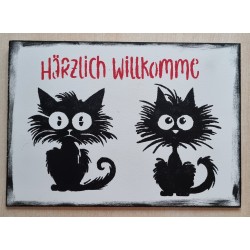 Schild Crazy Cats " Härzlich Willkomme " schwarz/weiss
