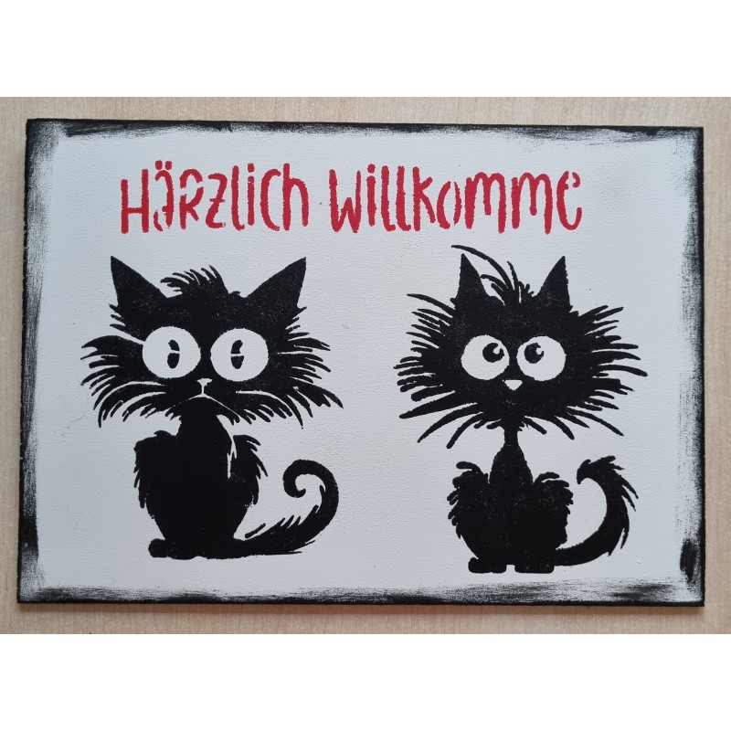Schild Crazy Cats " Härzlich Willkomme " schwarz/weiss