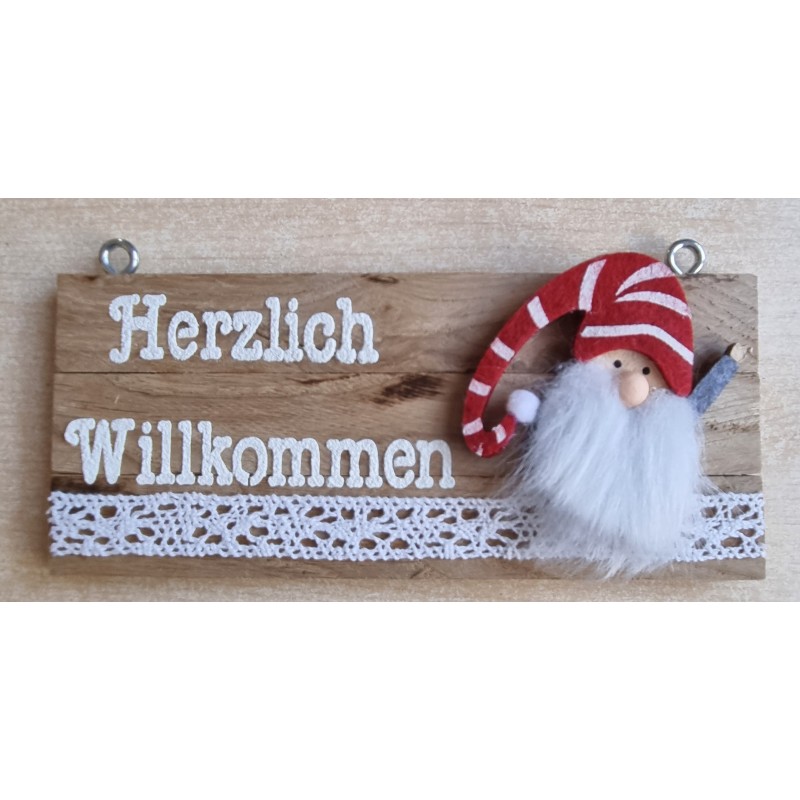 Kleines Schild " Herzlich Willkommen " Wichtel winkt