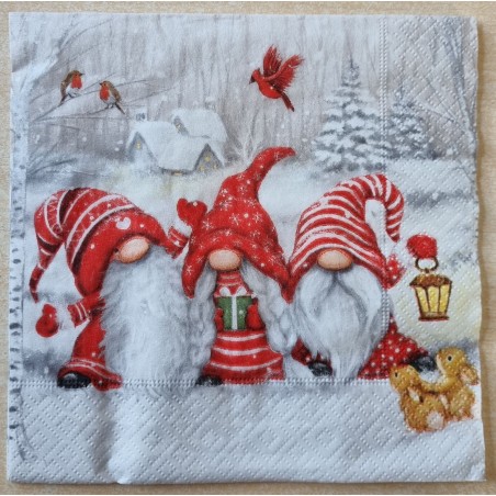 Serviette Drei Wichtel im Schnee/Kaninchen