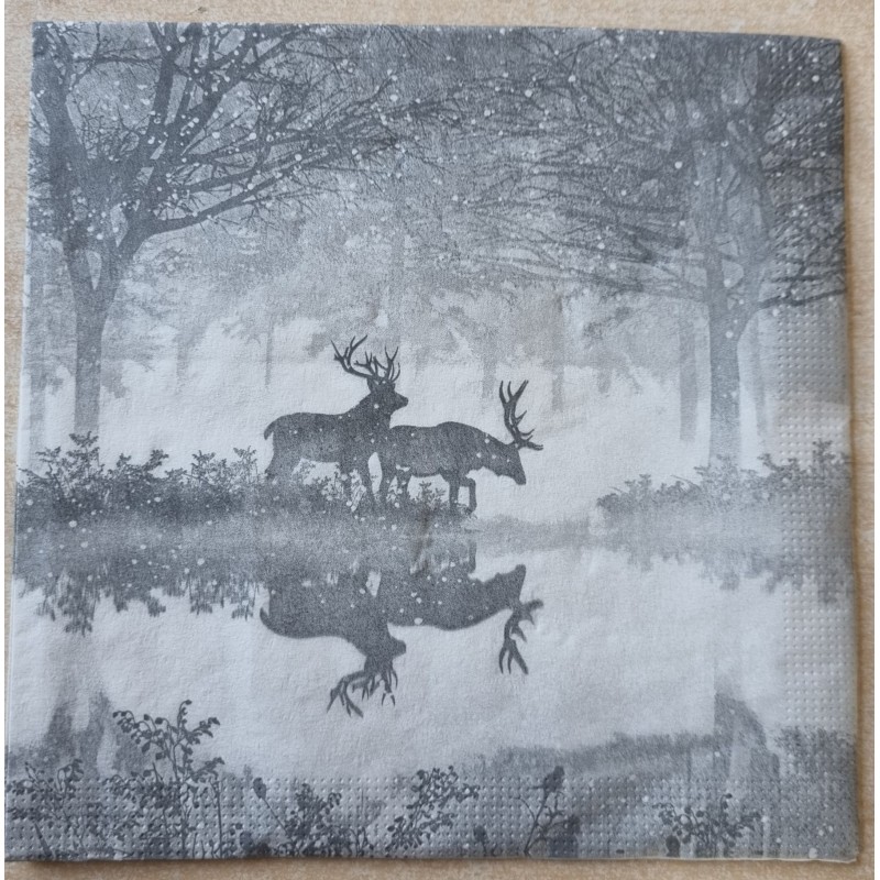 Serviette Hirsche im Wald/grau