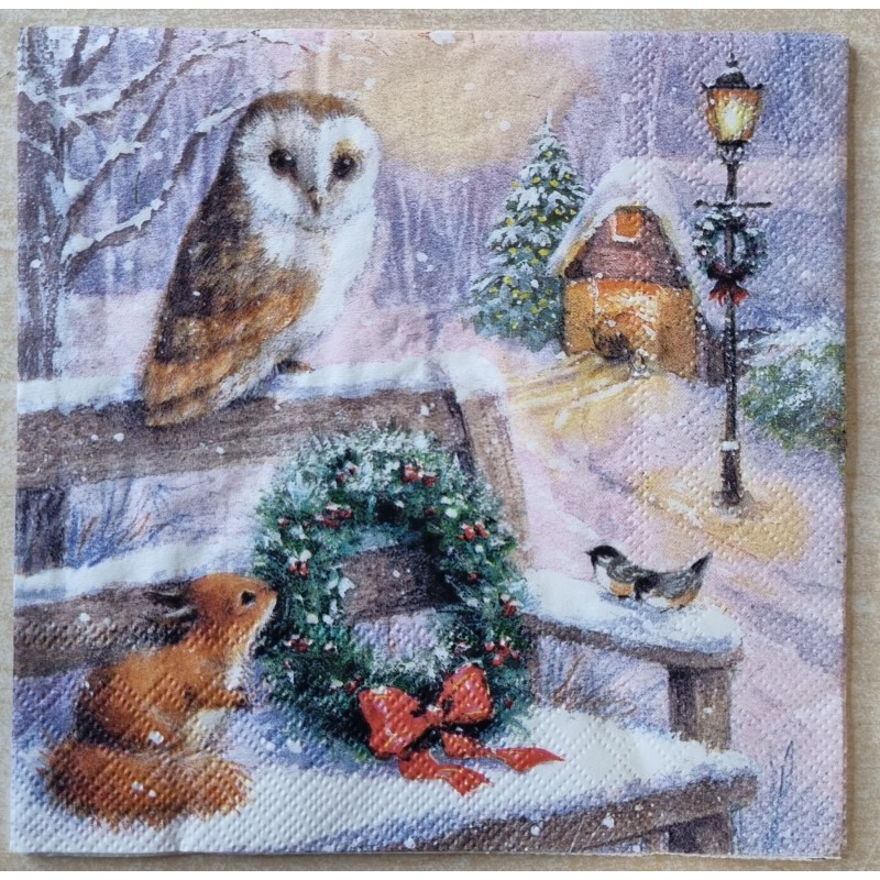 Serviette Eule auf Bank/Eichhörnchen