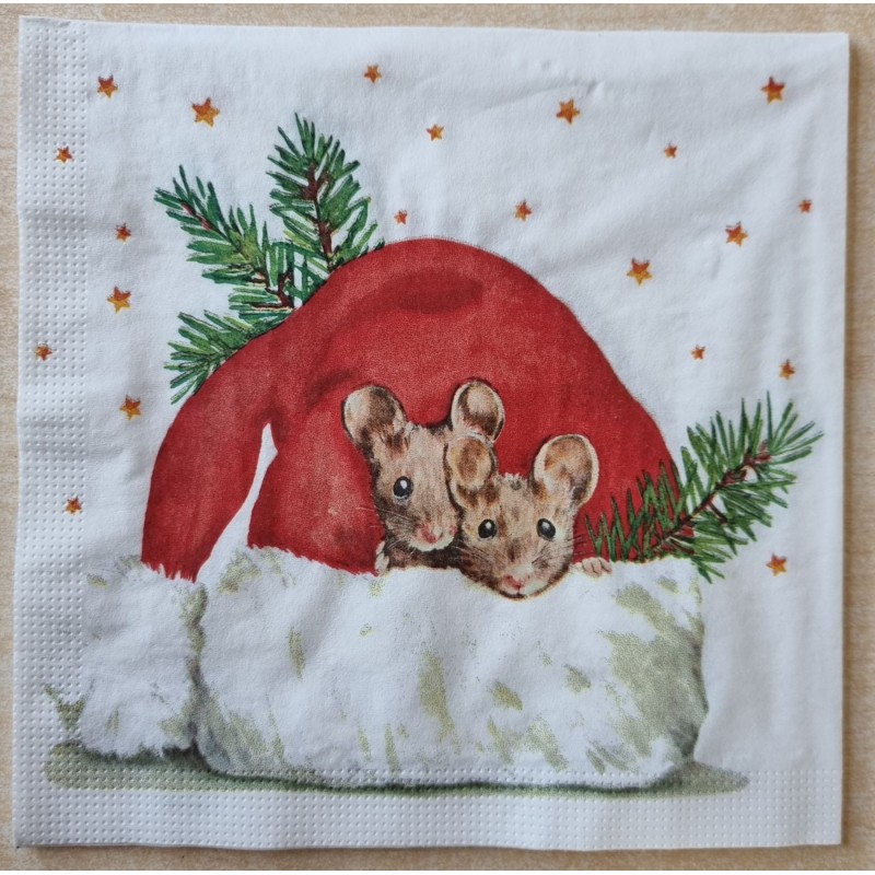 Serviette Zwei Mäuse in Weihnachtsmütze