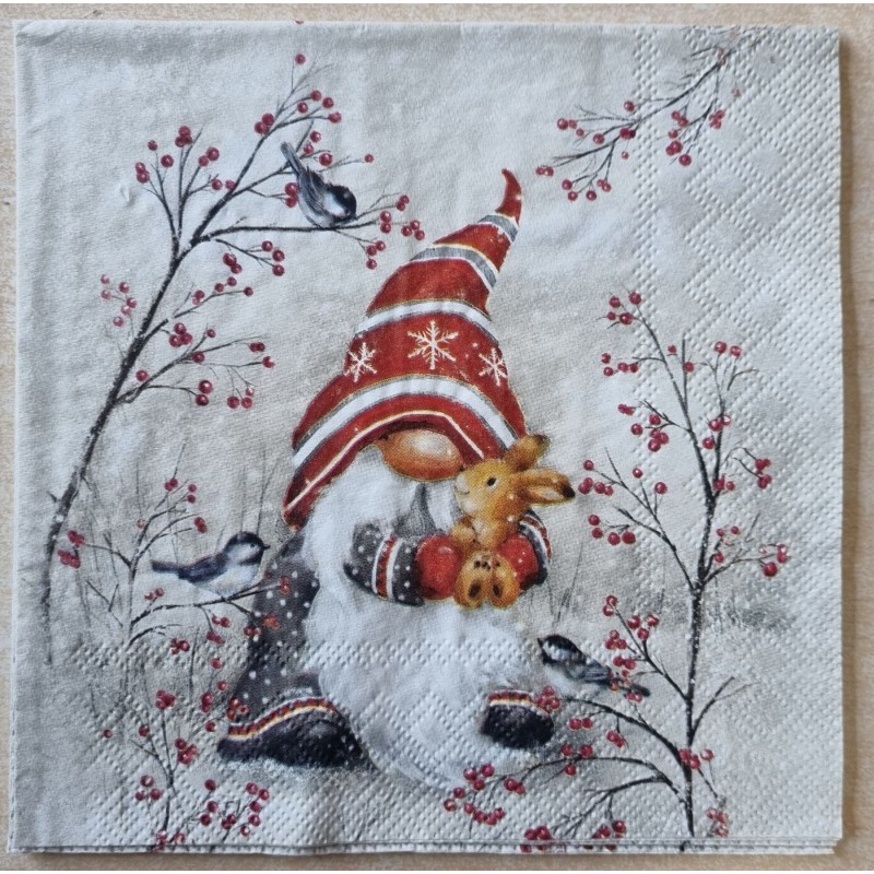 Serviette Wichtel mit Kaninchen und Vögel