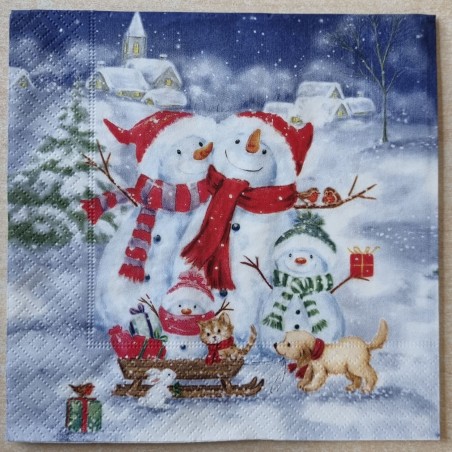 Serviette Schneemann Familie/Hund und Katze