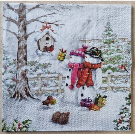 Serviette Zwei Schneemänner/Vogelhäuschen