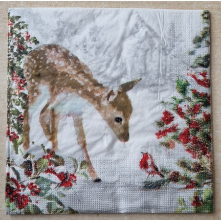 Serviette  Rehkitz mit Vogel