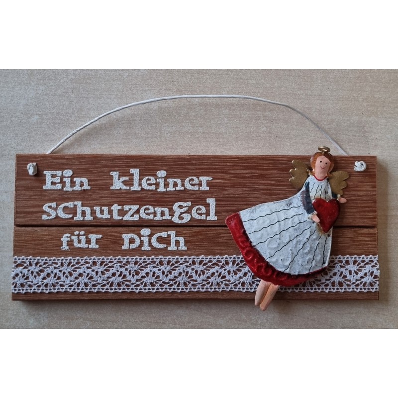 Schild rötlich  " Ein kleiner Schutzengel..."  Metall Engel rot/weiss