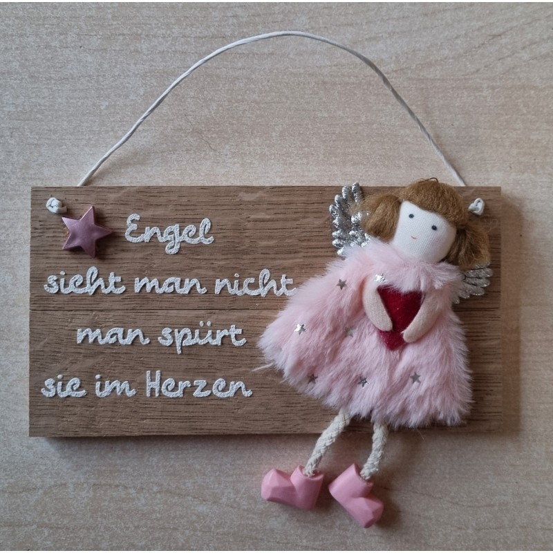 Schild natur  " Engel sieht man..."  Stoffengel rosa
