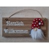Schild natur  " Herzlich Willkommen " Wichtel Filz/ rot mit Herzen