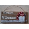 Schild natur  " Herzlich Willkommen " Wichtel Filz/ rot gestreift