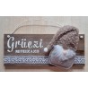 Schild hell " Grüezi mitenand " Stoff Wichtel beige
