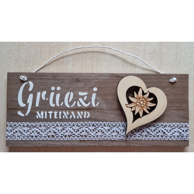 Schild hell " Grüezi mitenand " Holz Herz/Edelweiss