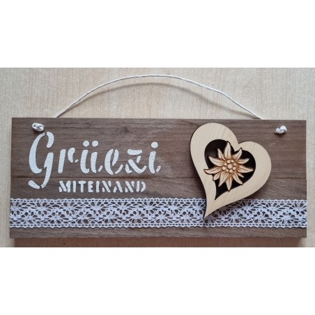 Schild hell " Grüezi mitenand " Holz Herz/Edelweiss
