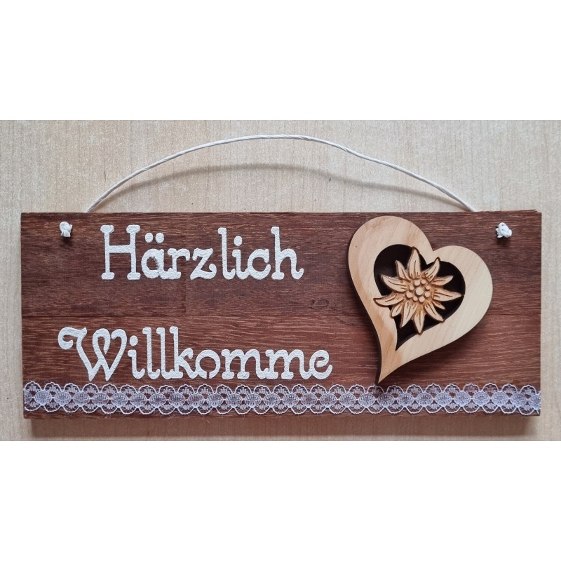 Schild rötlich " Härzlich Willkomme " Holz Herz/Edelweiss