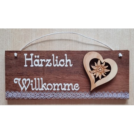Schild rötlich " Härzlich Willkomme " Holz Herz/Edelweiss