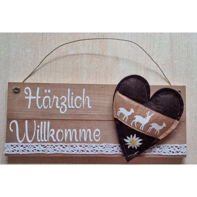 Schild natur " Härzlich Willkomme " Stoff Herz/Hirsche/Edelweiss