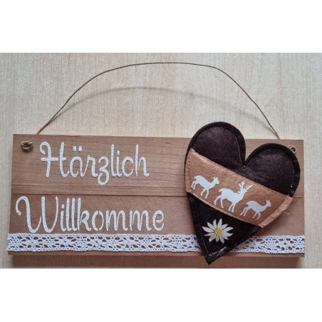 Schild natur " Härzlich Willkomme " Stoff Herz/Hirsche/Edelweiss