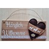 Schild natur " Härzlich Willkomme " Stoff Herz/Hirsche/Edelweiss