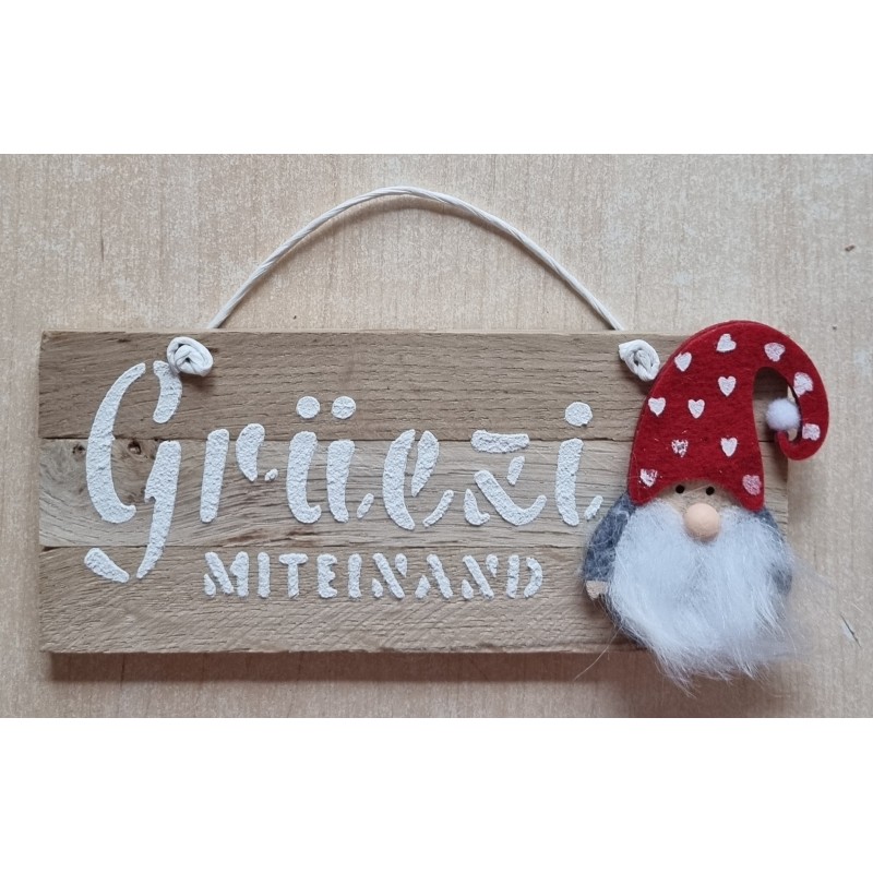 Schild natur " Grüezi mitenand " Wichtel rot mit Herzen