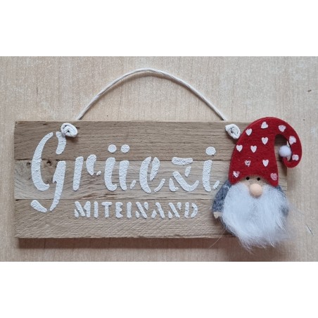 Schild natur " Grüezi mitenand " Wichtel rot mit Herzen