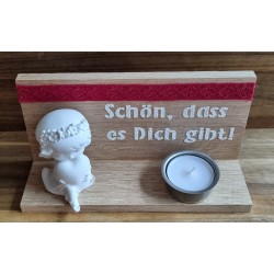 Teelicht natur  " Schön, dass es...."  Mädchen mit Herz/Band rot
