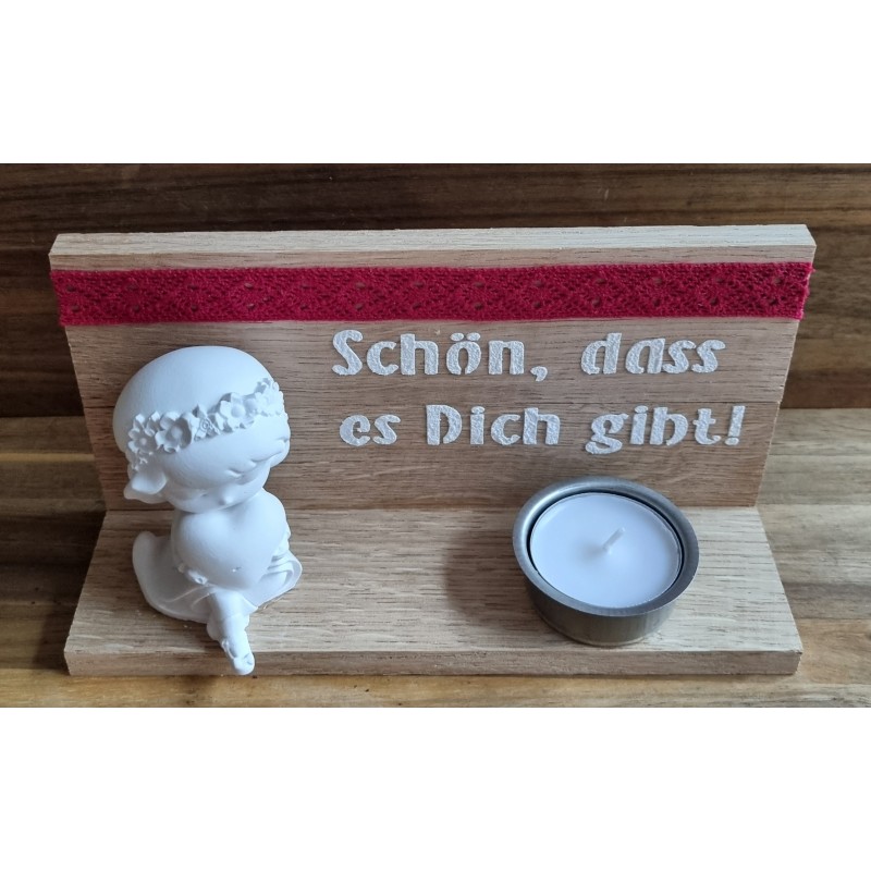 Teelicht natur  " Schön, dass es...."  Mädchen mit Herz/Band rot