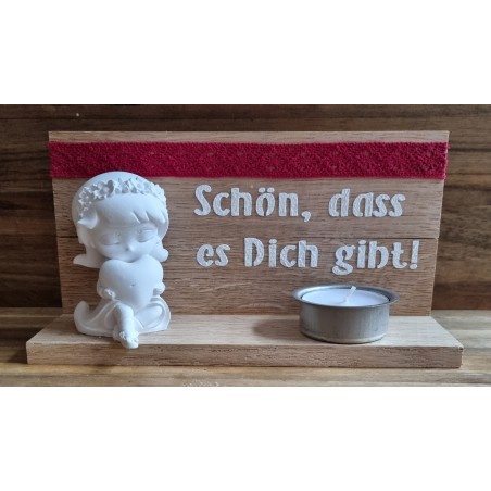 Teelicht natur  " Schön, dass es...."  Mädchen mit Herz/Band rot