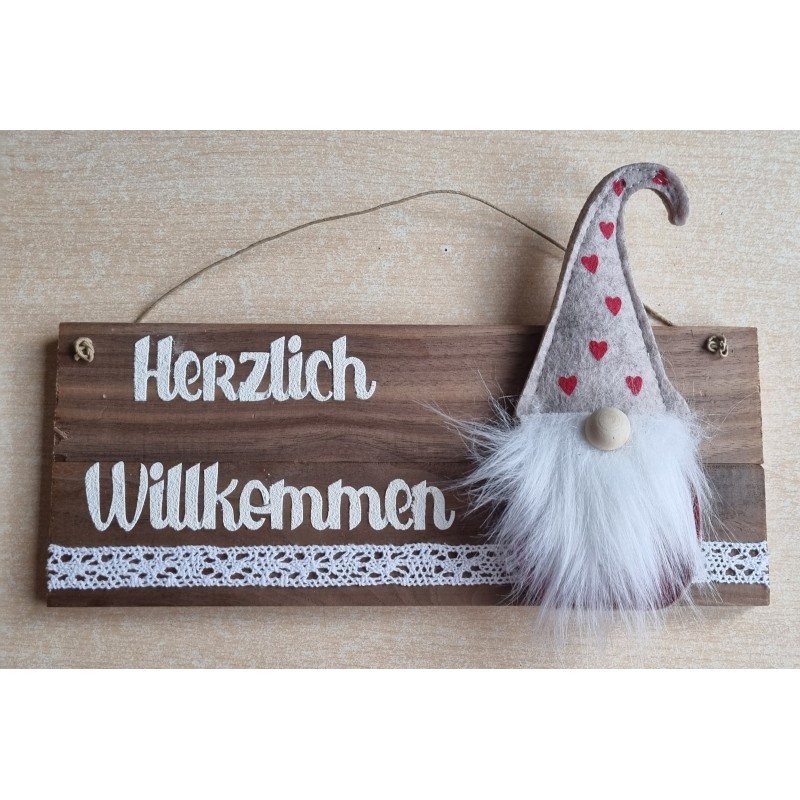 Schild hellbraun " Herzlich Willkommen " Filz Wichtel mit Herzen