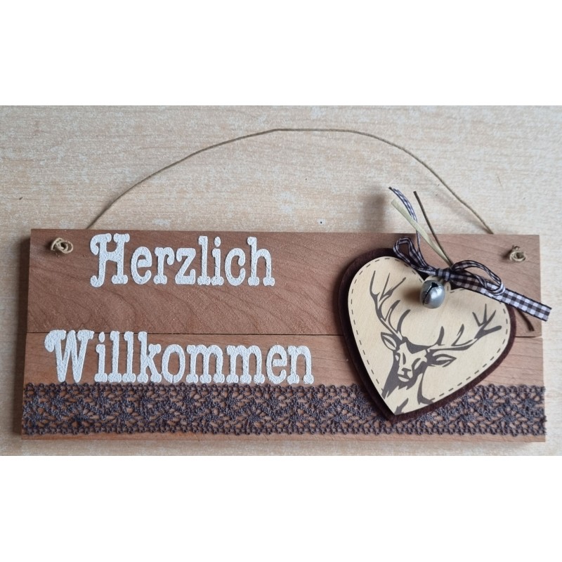 Schild natur " Herzlich Willkommen " Herz/Hirsch