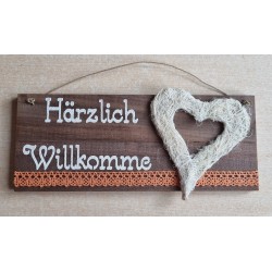 Schild hellbraun " Härzlich Willkomme " Sisal Herz creme/orange