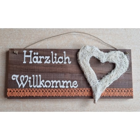 Schild hellbraun " Härzlich Willkomme " Sisal Herz creme/orange
