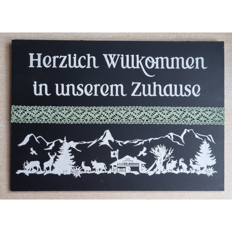 Schild schwarz " Herzlich Willkommen " Alpenfeeling/hellgrün