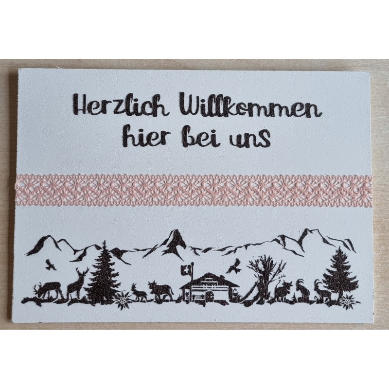 Schild weiss/braun/rosa  " Herzlich Willkommen/Alpenfeeling "