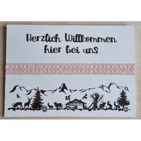 Schild weiss/braun/rosa  " Herzlich Willkommen/Alpenfeeling "