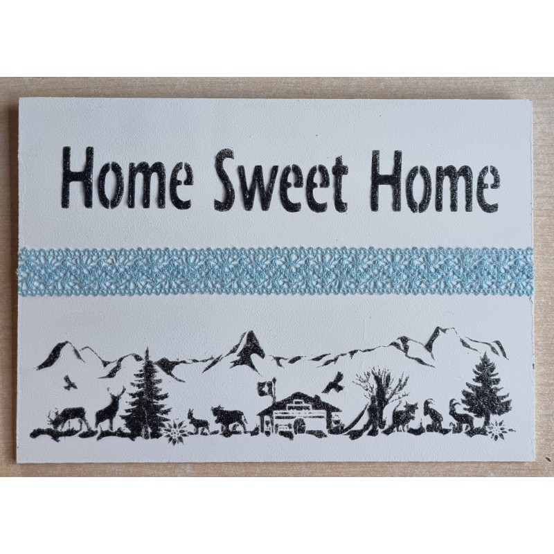 Schild weiss/dunkelblau/hellblau " Home sweet Home/Alpenfeeling "