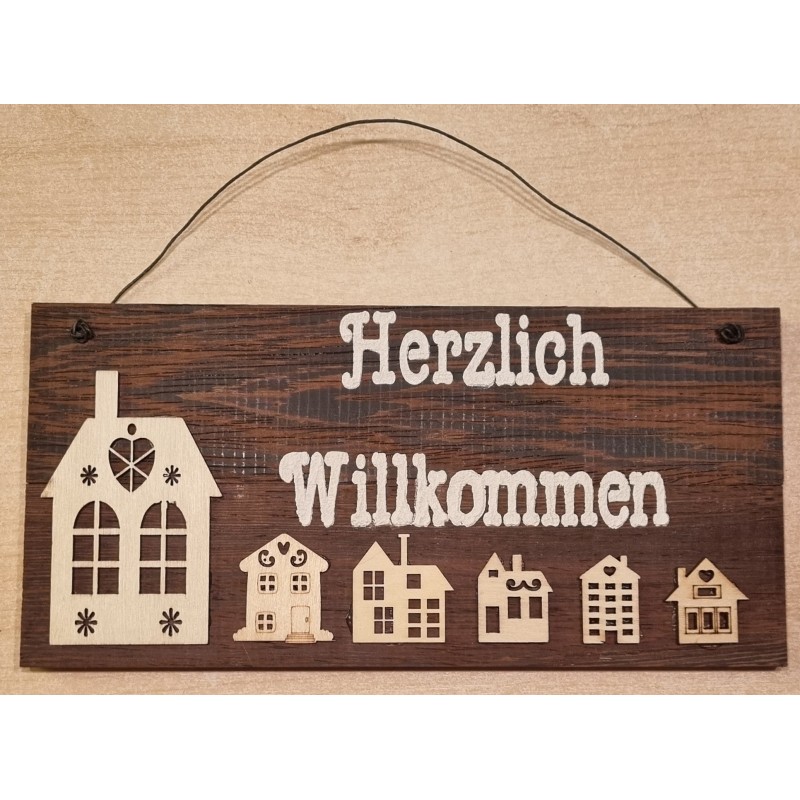 Schild dunkel " Herzlich Willkommen " Holzhäuser