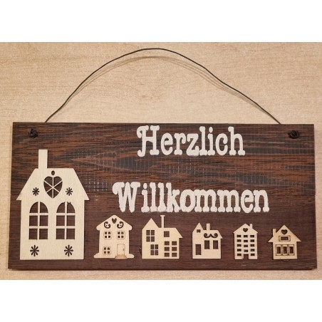 Schild dunkel " Herzlich Willkommen " Holzhäuser