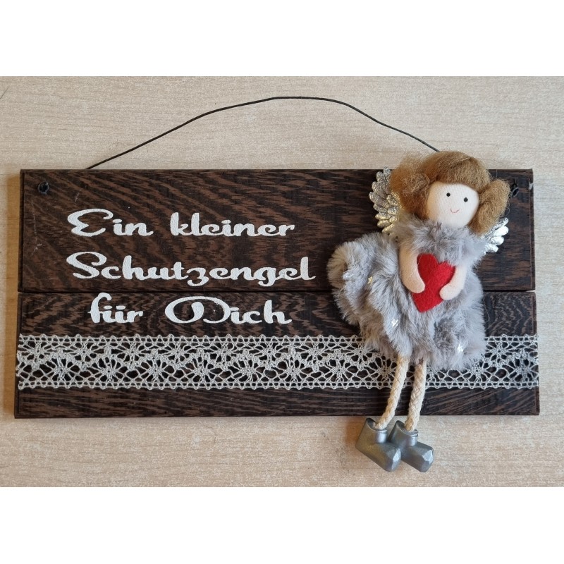 Schild dunkel " Ein kleiner Schutzengel..." Stoff Engel/grau