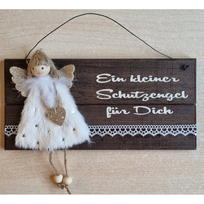 Schild dunkel " Ein kleiner Schutzengel..." Stoff Engel/weiss-silber