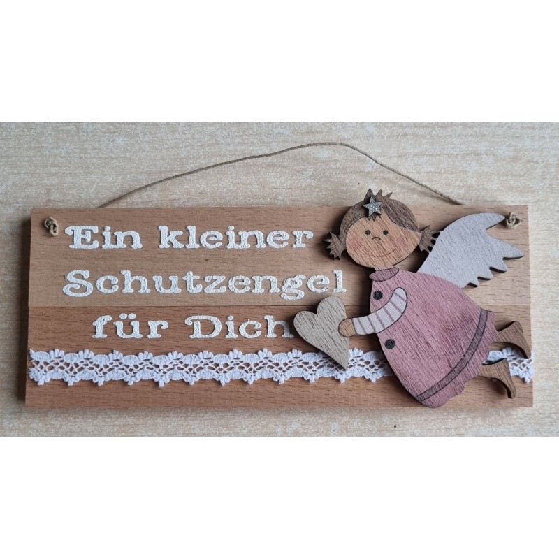 Schild natur " Ein kleiner Schutzengel..." Holz Engel rosa/weiss