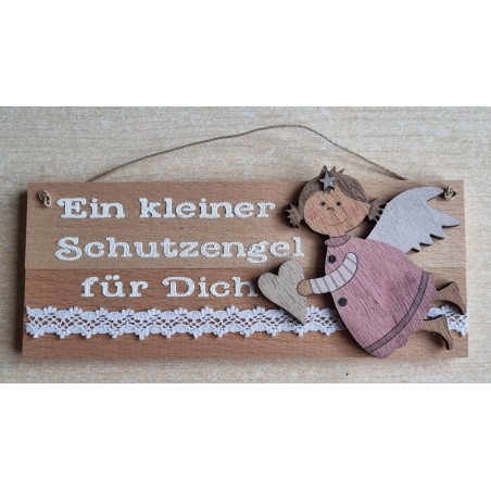 Schild natur " Ein kleiner Schutzengel..." Holz Engel rosa/weiss