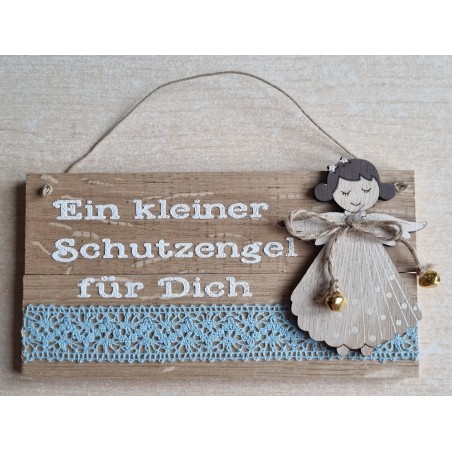 Schild natur " Ein kleiner Schutzengel..." Holz Engel /hellblau