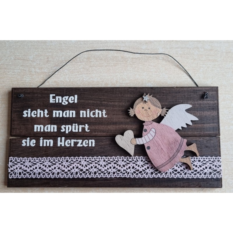 Schild dunkel " Engel sieht man..." Holz Engel rosa /rosa