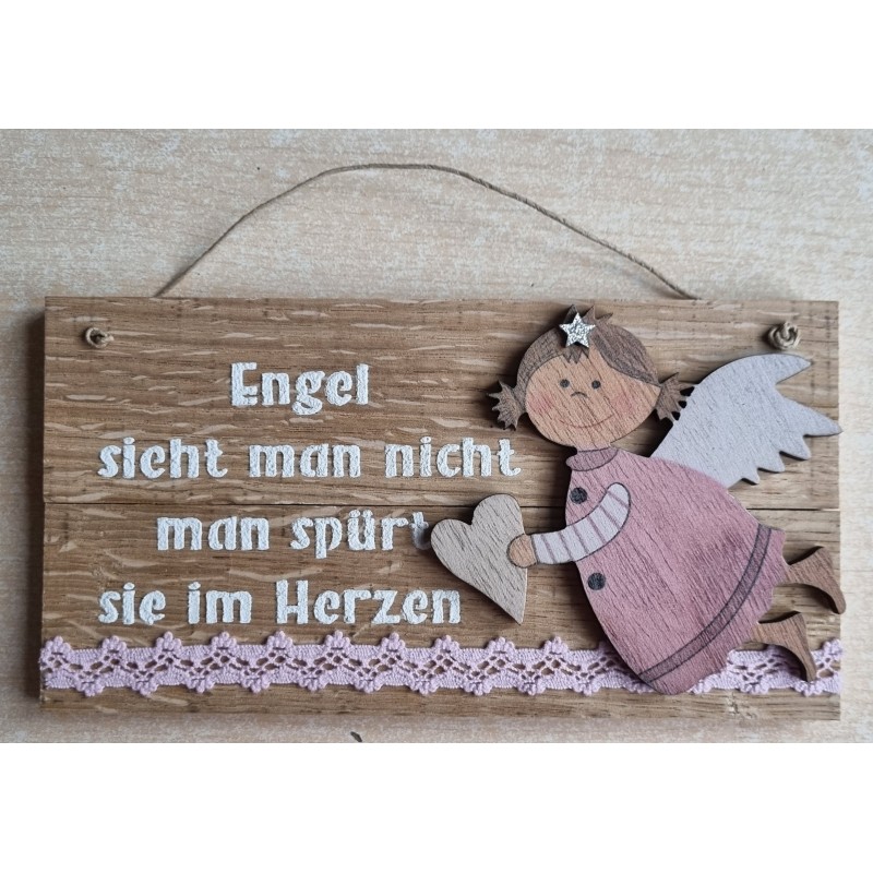 Schild natur " Engel sieht man..." Holz Engel rosa /rosa