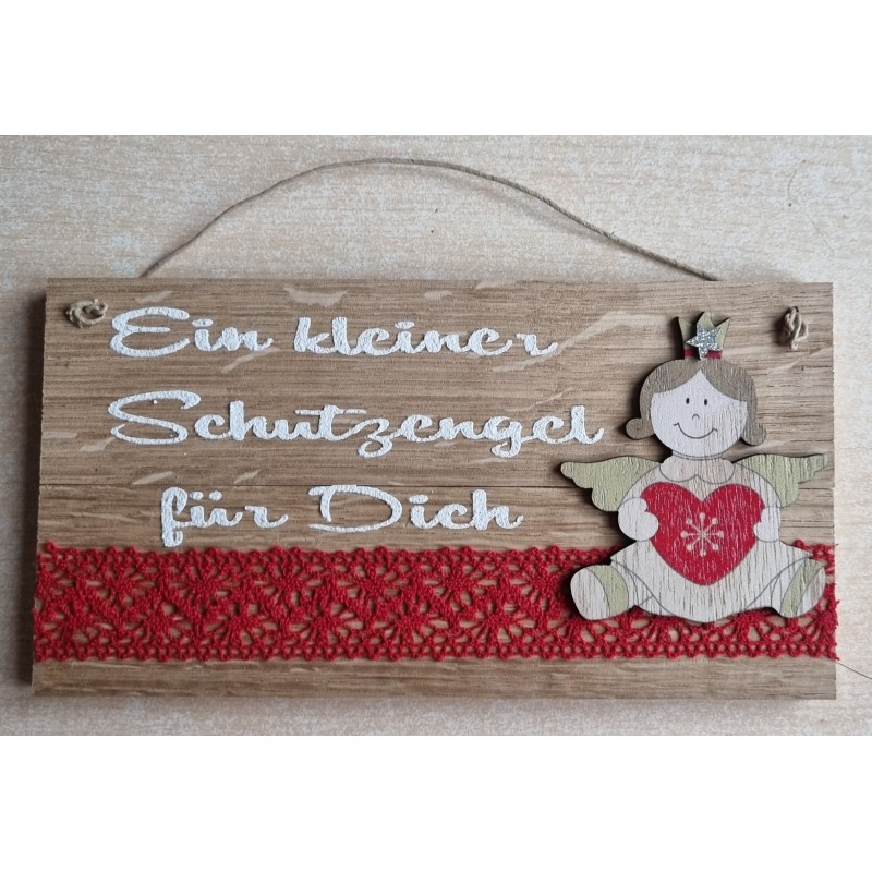 Schild natur " Ein kleiner Schutzengel..." Holz Engel mit Herz /rot