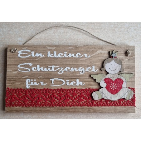 Schild natur " Ein kleiner Schutzengel..." Holz Engel mit Herz /rot