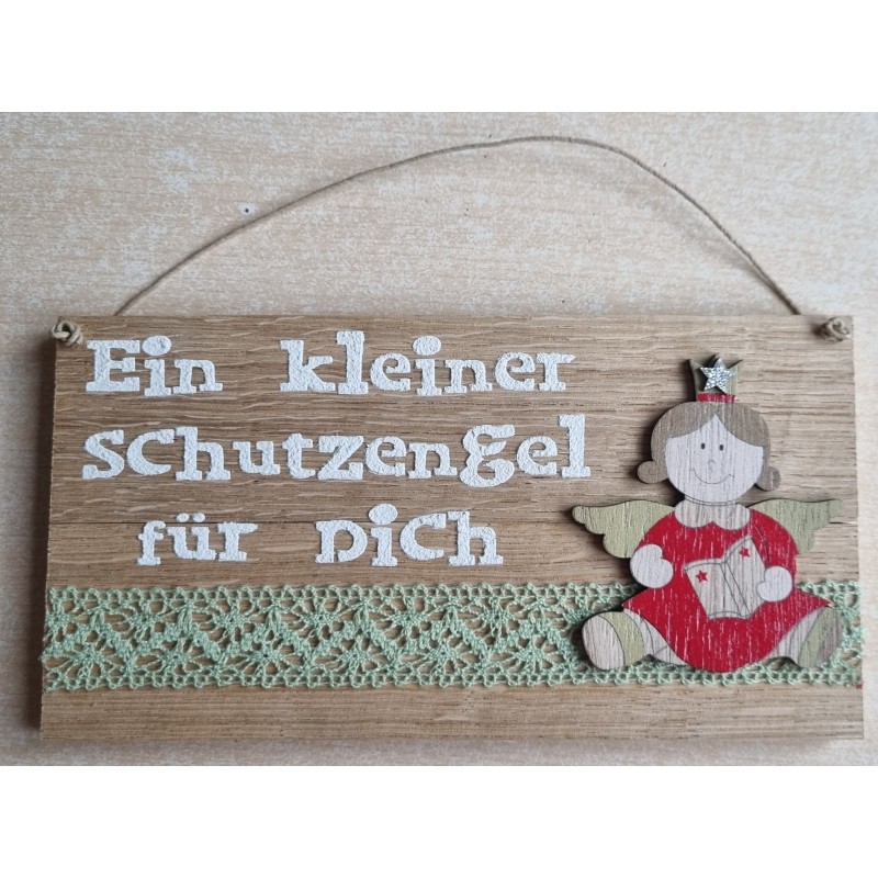 Schild natur " Ein kleiner Schutzengel..." Holz Engel mit Buch /hellgrün