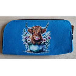 Filz Federmäppchen blau Hochlandrind in Eimer